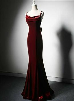 Picture of Pretty Wine Red Color Velvet Mermaid Wedding Party Dress, Wine Red Color Formal Dress